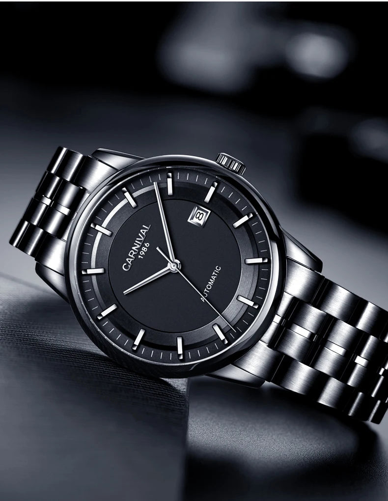 Japan MIYOTA 8215 Watch CARNIVAL Mens Watches Automatic Mechanical Waterproof Sapphire Calendar Full Steel Business Montre homme