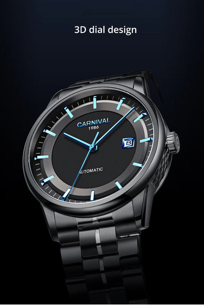 Japan MIYOTA 8215 Watch CARNIVAL Mens Watches Automatic Mechanical Waterproof Sapphire Calendar Full Steel Business Montre homme