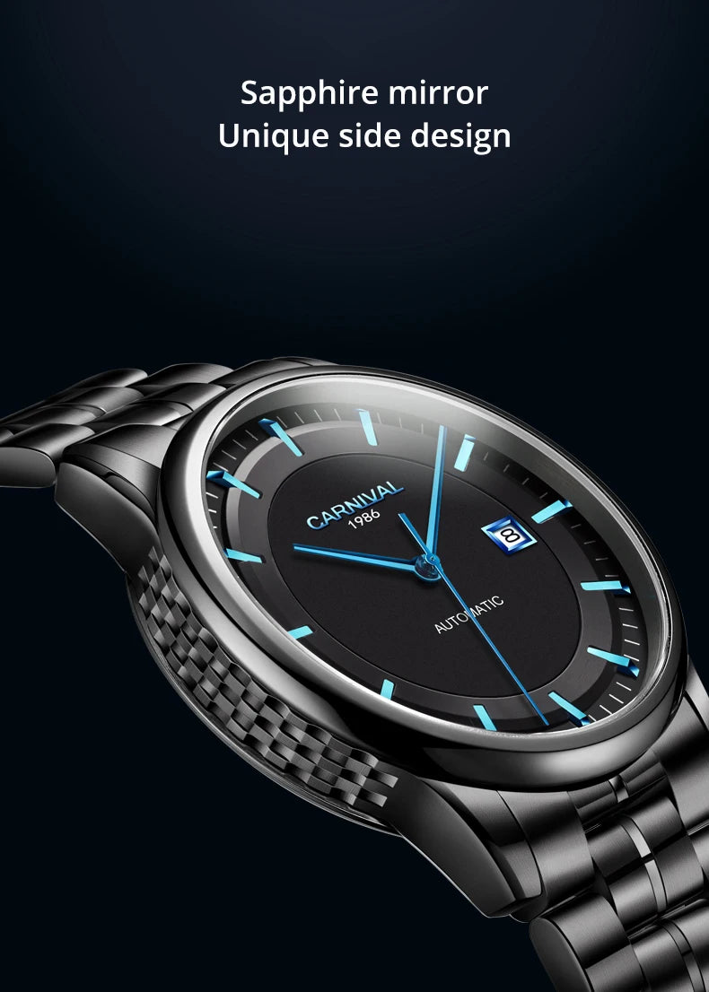 Japan MIYOTA 8215 Watch CARNIVAL Mens Watches Automatic Mechanical Waterproof Sapphire Calendar Full Steel Business Montre homme