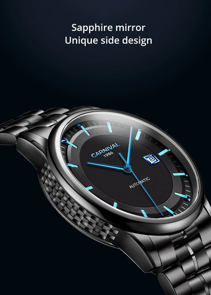 Japan MIYOTA 8215 Watch CARNIVAL Mens Watches Automatic Mechanical Waterproof Sapphire Calendar Full Steel Business Montre homme