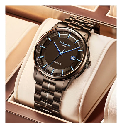 Japan MIYOTA 8215 Watch CARNIVAL Mens Watches Automatic Mechanical Waterproof Sapphire Calendar Full Steel Business Montre homme