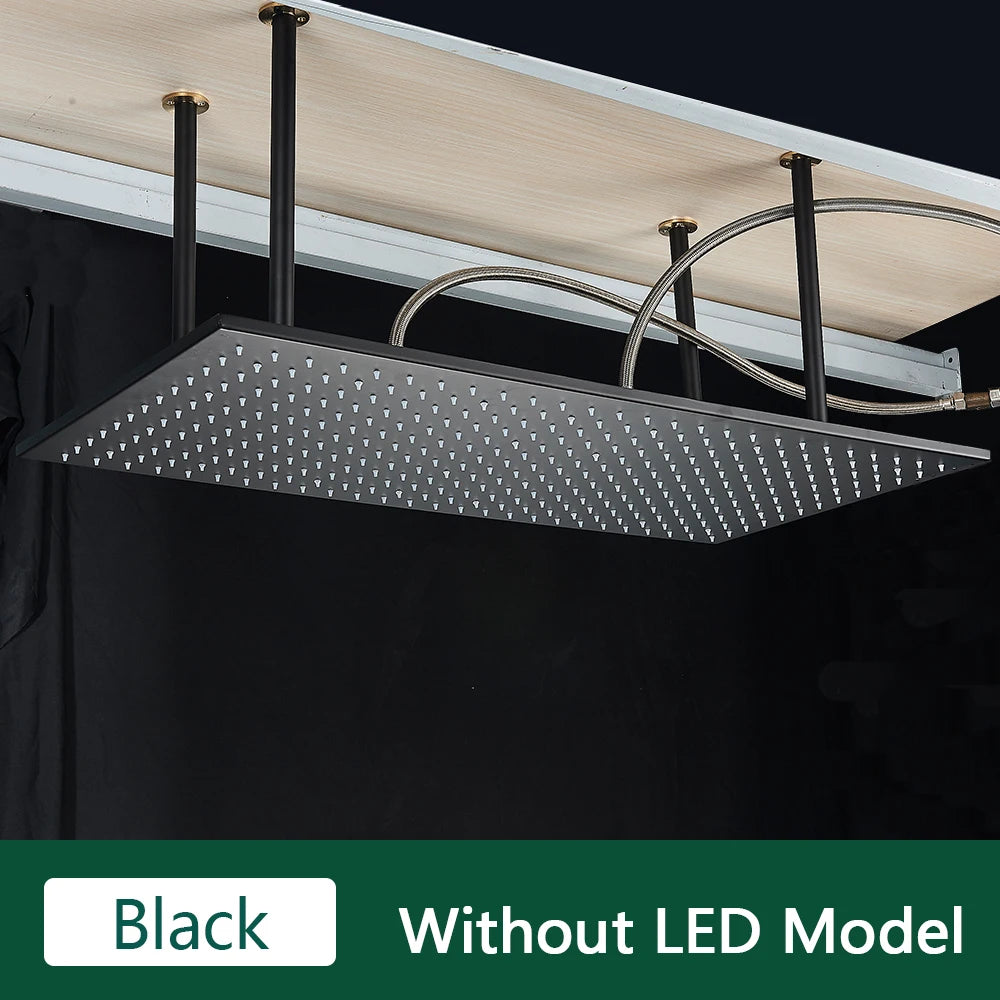 Rozin LED Matte Black Shower Head 40*80cm Large Size Rainfall Shower Heads  Ceiling Mounted with Installation Arm for Bathroom