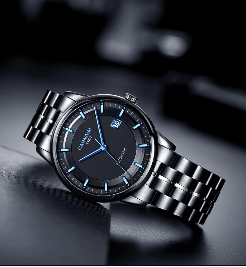 Japan MIYOTA 8215 Watch CARNIVAL Mens Watches Automatic Mechanical Waterproof Sapphire Calendar Full Steel Business Montre homme