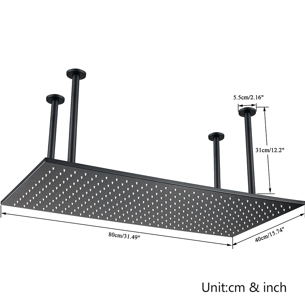 Rozin LED Matte Black Shower Head 40*80cm Large Size Rainfall Shower Heads  Ceiling Mounted with Installation Arm for Bathroom