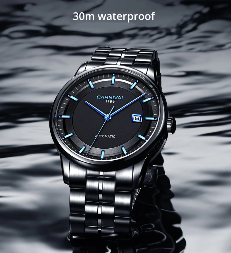 Japan MIYOTA 8215 Watch CARNIVAL Mens Watches Automatic Mechanical Waterproof Sapphire Calendar Full Steel Business Montre homme