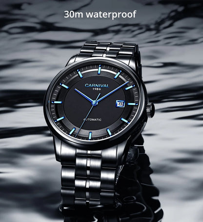 Japan MIYOTA 8215 Watch CARNIVAL Mens Watches Automatic Mechanical Waterproof Sapphire Calendar Full Steel Business Montre homme