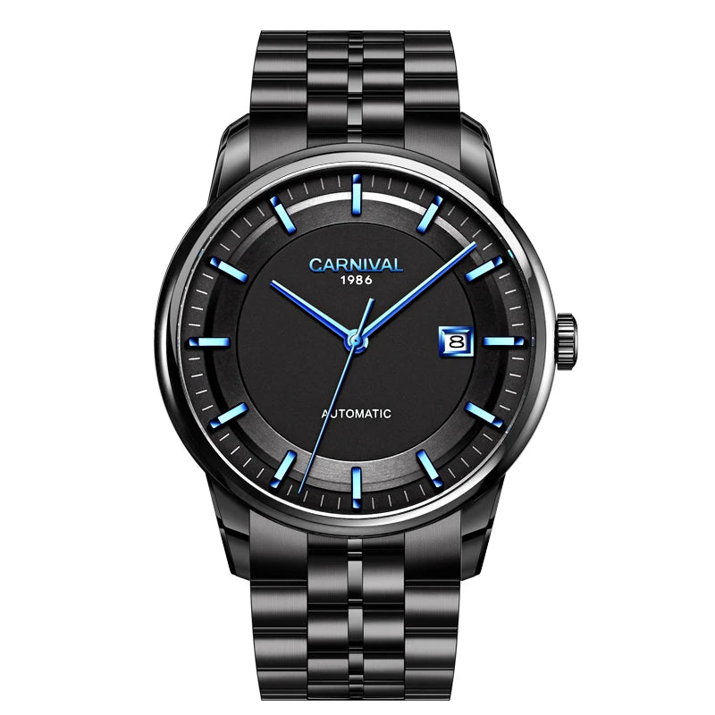 Japan MIYOTA 8215 Watch CARNIVAL Mens Watches Automatic Mechanical Waterproof Sapphire Calendar Full Steel Business Montre homme