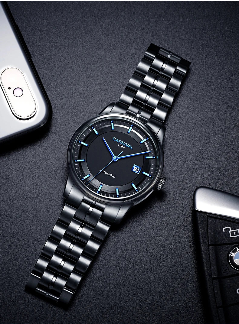 Japan MIYOTA 8215 Watch CARNIVAL Mens Watches Automatic Mechanical Waterproof Sapphire Calendar Full Steel Business Montre homme