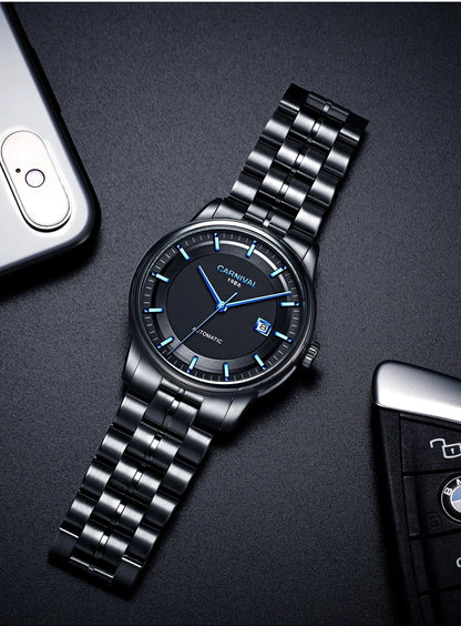 Japan MIYOTA 8215 Watch CARNIVAL Mens Watches Automatic Mechanical Waterproof Sapphire Calendar Full Steel Business Montre homme