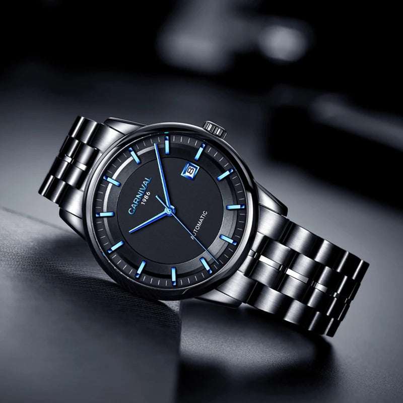 Japan MIYOTA 8215 Watch CARNIVAL Mens Watches Automatic Mechanical Waterproof Sapphire Calendar Full Steel Business Montre homme