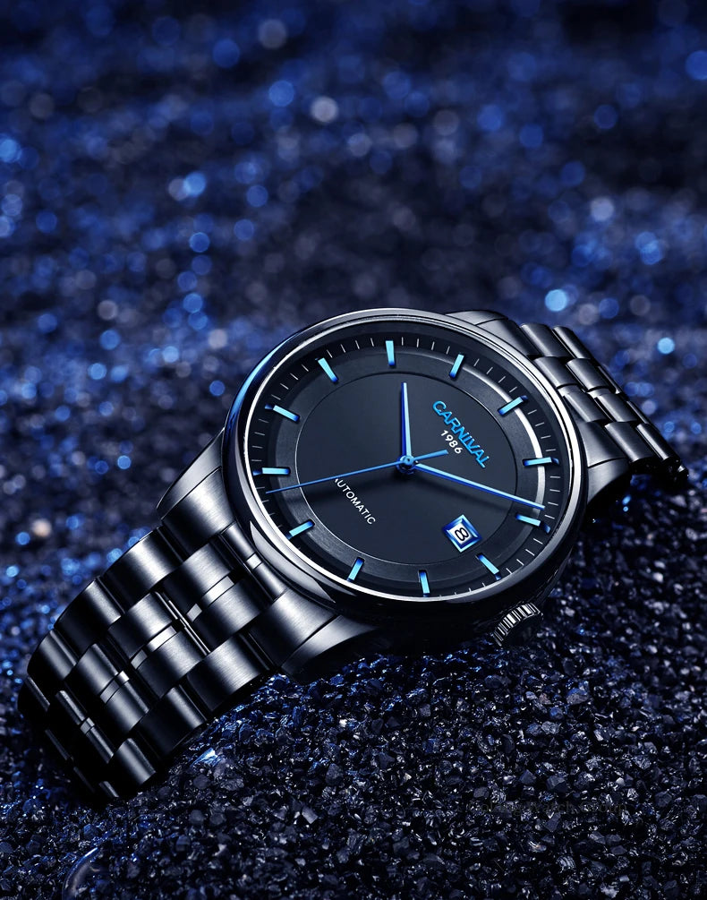 Japan MIYOTA 8215 Watch CARNIVAL Mens Watches Automatic Mechanical Waterproof Sapphire Calendar Full Steel Business Montre homme