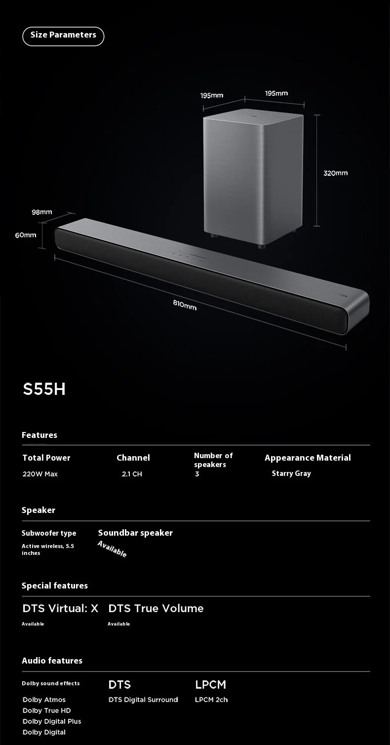 Sales TCL Soundbar S55h  With Dolby Atmos And Dts Virtual:X 220w High-Power Independent Subwoofer Home speaker Bluetooth 220W