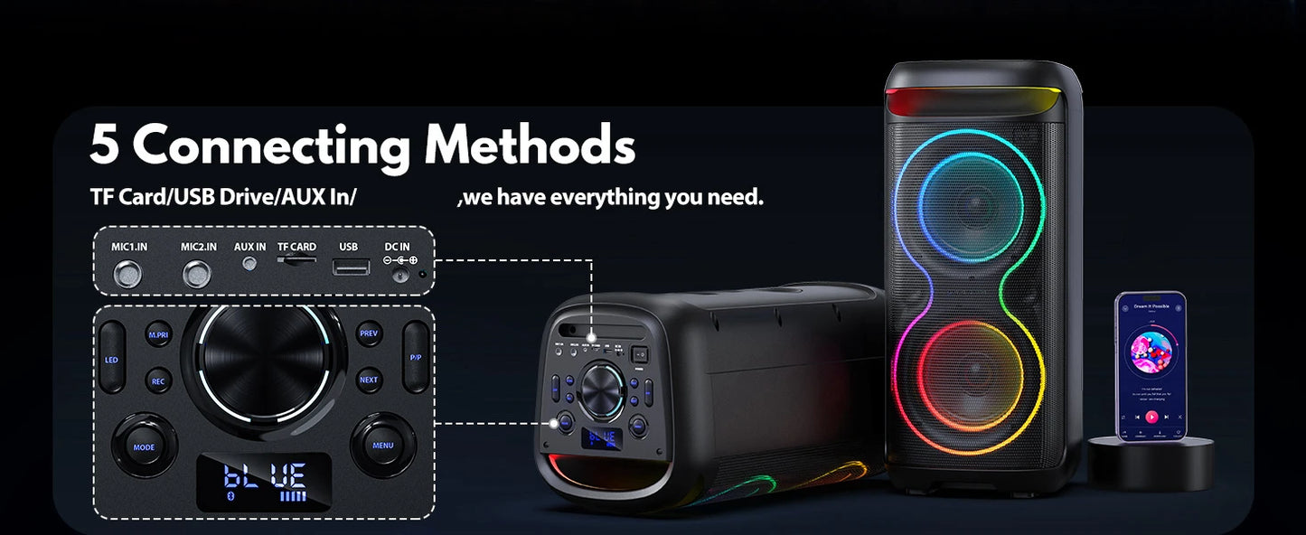 Large Party Speaker, Wireless Bluetooth Speaker with Microphone, Led Party Light, Karaoke Machine, 8inch Large Bluetooth Party