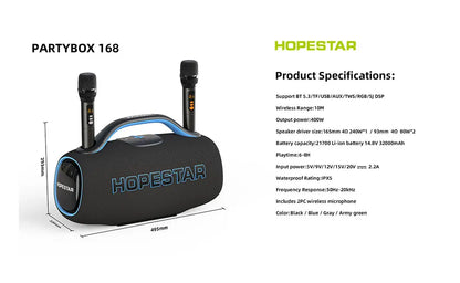 Hopestar Partybox168 Party Speaker 400W Bluetooth 5.4 Wireless Speaker With Subwoofer RGB Lights Karaoke Mic Outdoor Home DJ
