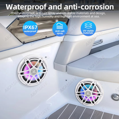 6.5 Inch Marine Speaker 12V 150W Output with Colorful RGB light Waterproof IPX67 White  Loudspeaker for RV Yacht Fishing Boat