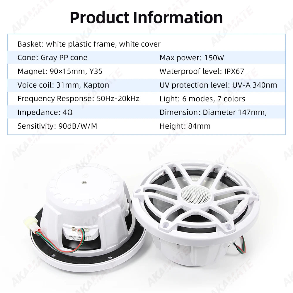 6.5 Inch Marine Speaker 12V 150W Output with Colorful RGB light Waterproof IPX67 White  Loudspeaker for RV Yacht Fishing Boat