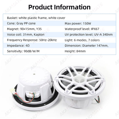 6.5 Inch Marine Speaker 12V 150W Output with Colorful RGB light Waterproof IPX67 White  Loudspeaker for RV Yacht Fishing Boat