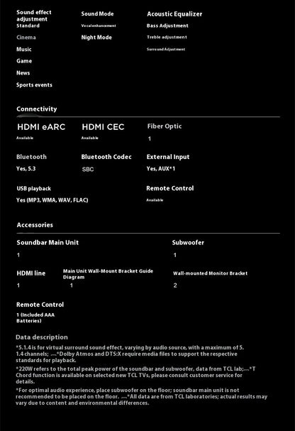 Sales TCL Soundbar S55h  With Dolby Atmos And Dts Virtual:X 220w High-Power Independent Subwoofer Home speaker Bluetooth 220W