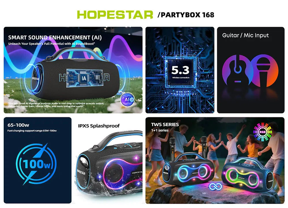 Hopestar Partybox168 Party Speaker 400W Bluetooth 5.4 Wireless Speaker With Subwoofer RGB Lights Karaoke Mic Outdoor Home DJ