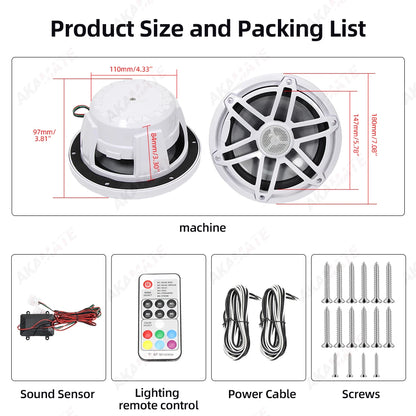 6.5 Inch Marine Speaker 12V 150W Output with Colorful RGB light Waterproof IPX67 White  Loudspeaker for RV Yacht Fishing Boat