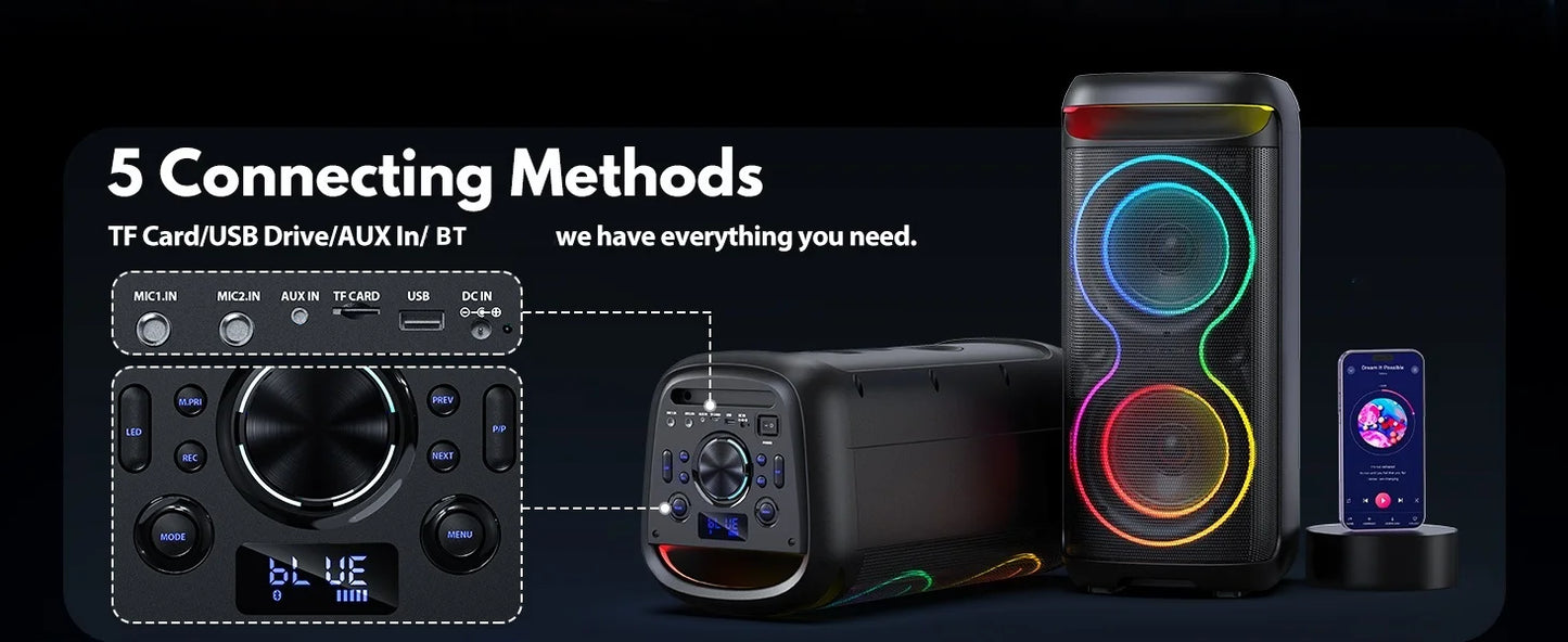 Large Party Speaker, Wireless Bluetooth Speaker with Microphone, Led Party Light, Karaoke Machine, 8inch Large Bluetooth Party