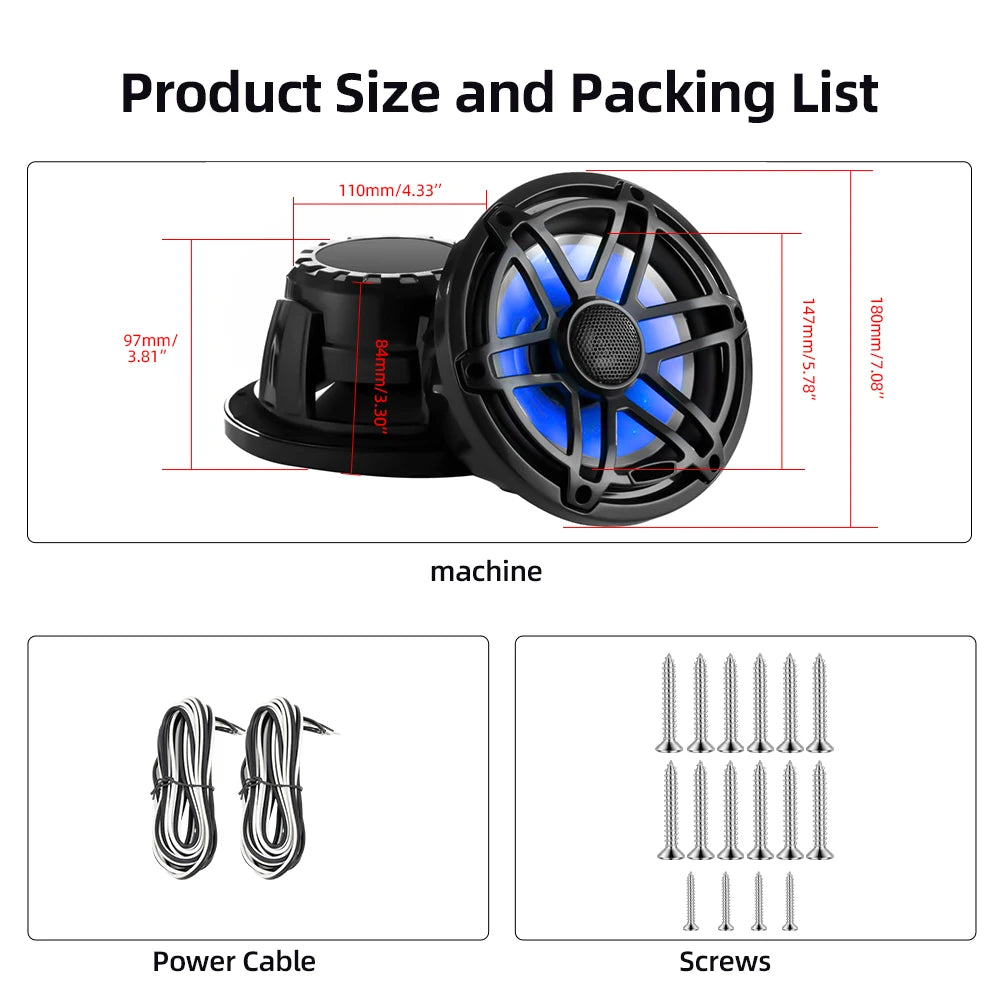 6.5 Inch Marine Speaker 12V 150W Output with Colorful RGB light Waterproof IPX67 White  Loudspeaker for RV Yacht Fishing Boat