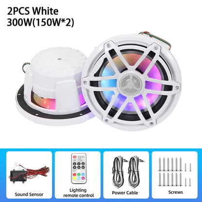 6.5 Inch Marine Speaker 12V 150W Output with Colorful RGB light Waterproof IPX67 White  Loudspeaker for RV Yacht Fishing Boat