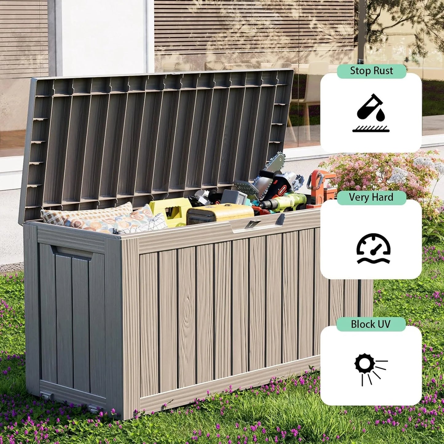 75Gal Waterproof Deck Box - Lockable Outdoor Storage for Patio Furniture, Garden Tools & Pool Accessories w/Side Handles