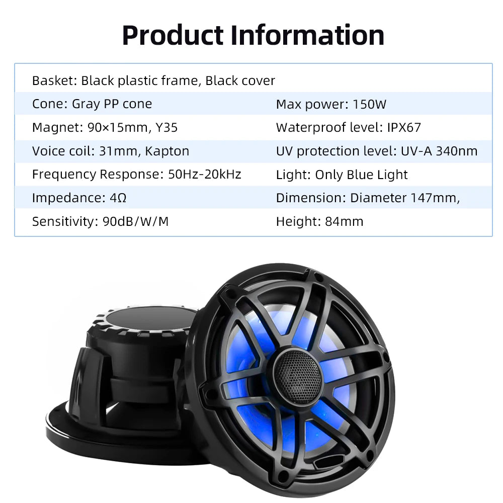 6.5 Inch Marine Speaker 12V 150W Output with Colorful RGB light Waterproof IPX67 White  Loudspeaker for RV Yacht Fishing Boat