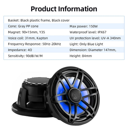 6.5 Inch Marine Speaker 12V 150W Output with Colorful RGB light Waterproof IPX67 White  Loudspeaker for RV Yacht Fishing Boat