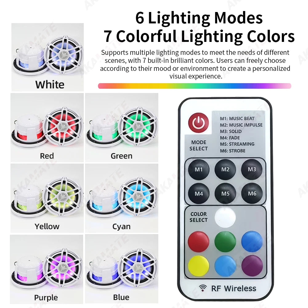 6.5 Inch Marine Speaker 12V 150W Output with Colorful RGB light Waterproof IPX67 White  Loudspeaker for RV Yacht Fishing Boat