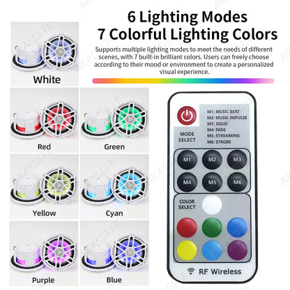 6.5 Inch Marine Speaker 12V 150W Output with Colorful RGB light Waterproof IPX67 White  Loudspeaker for RV Yacht Fishing Boat